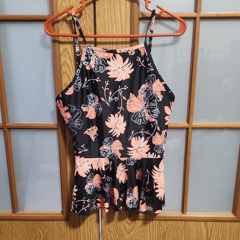 MARINA Vida  Black and Orange Floral Swim Suit Top Size Large Nwt